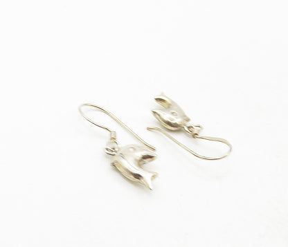 925 Sterling Silver  Vintage Shiny Petite Dolphin Dangle Earrings  EG4881