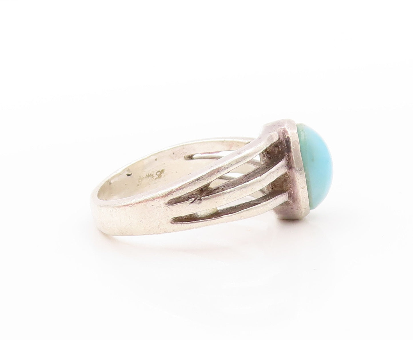 925 Sterling Silver Vintage Ring Cabochon Larimar Cutout Band  Sz 8.5  RG32588