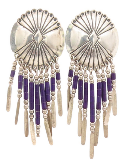 925 Sterling Silver Vintage Earrings NAVAJO Trible Design Etched Dangles EG13482