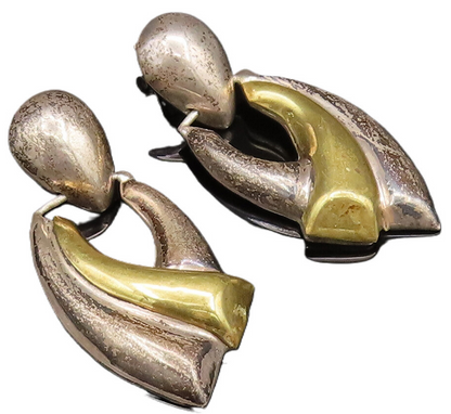 MEXICO 925 Silver  Vintage Two Tone Modernist Bypass Dangle Earrings  EG12201