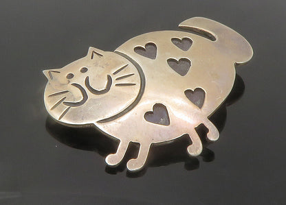 925 Sterling Silver  Vintage Oxidized Love Heart Spotted Cat Brooch Pin BP4661