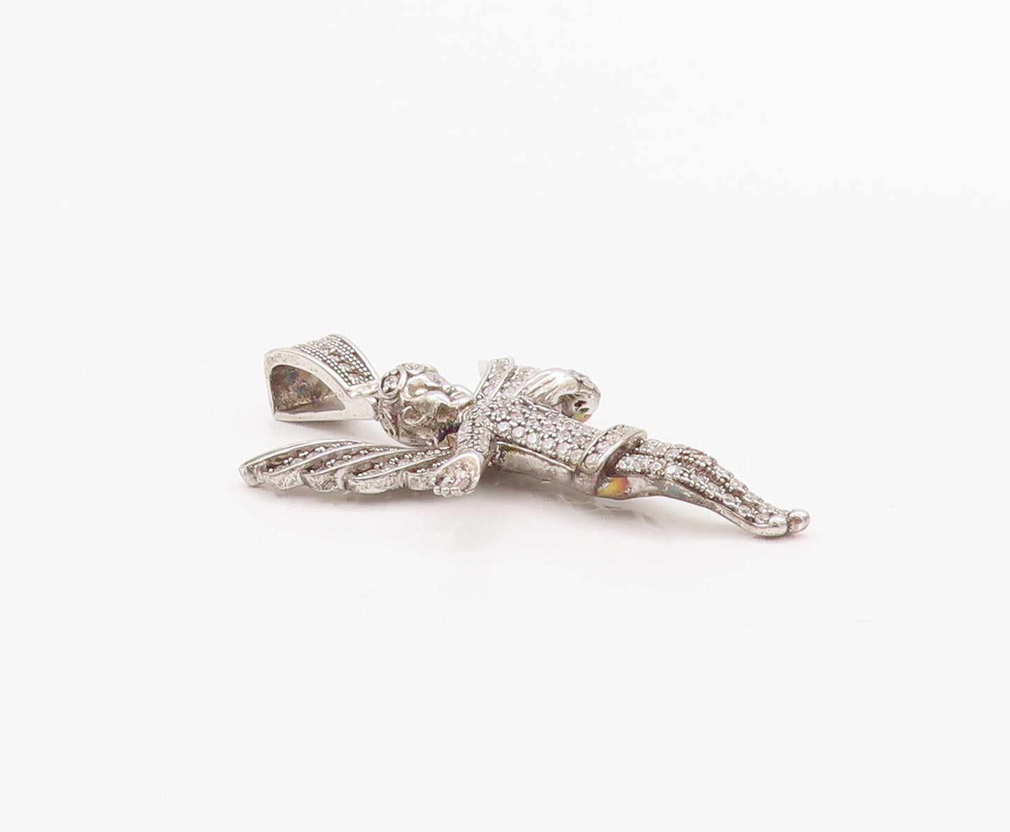 925 Sterling Silver Vintage Pendant Topaz Beaded Carved Flying Fairy  PT22990