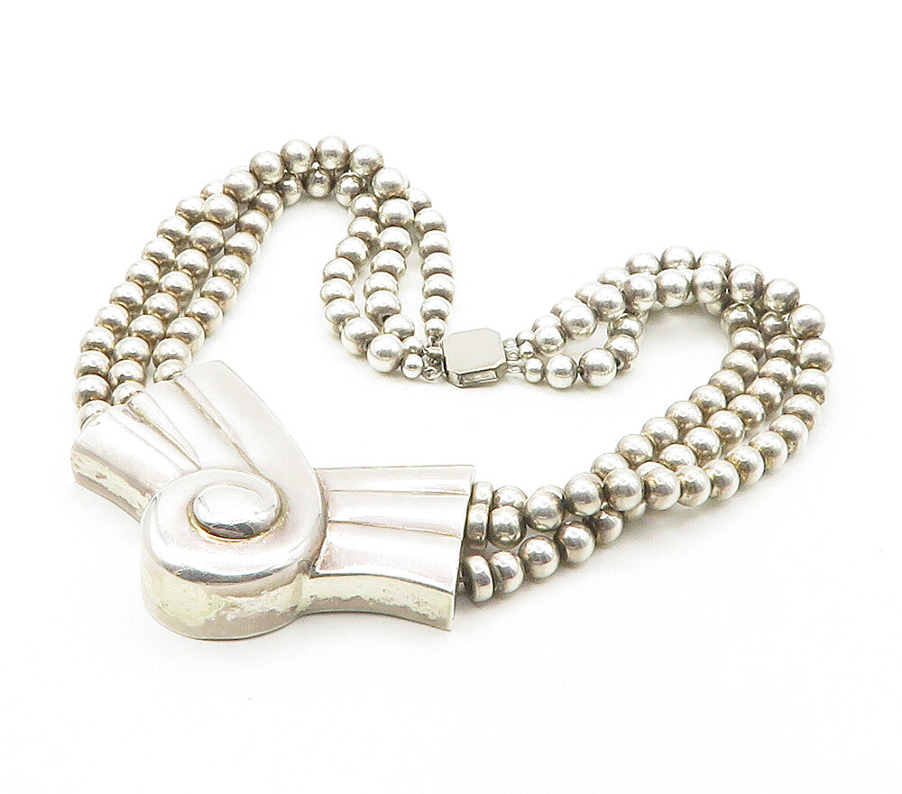 Solid Silver Vintage Ribbon Swirl Multi Strand Beaded Chain Necklace  NE2581