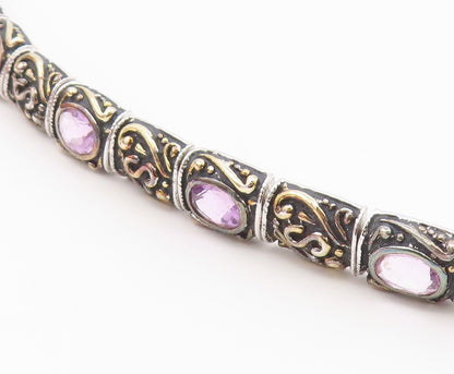 925 Sterling Silver  Vintage Amethyst Two Tone Swirl Chain Bracelet  BT8484