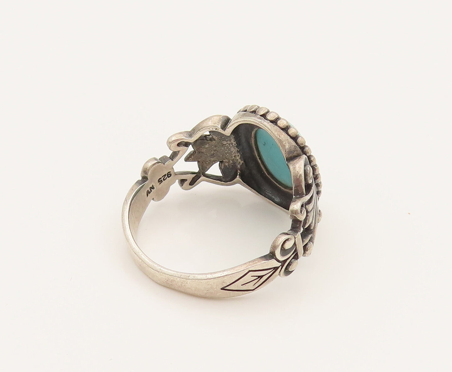 AVON 925 Silver  Vintage Beaded Frame & Open Swirl Turquoise Ring Sz 9 RG26355