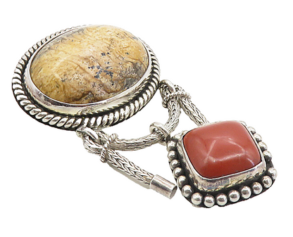 BALI 925 Sterling Silver  Vintage Cabochon Jasper Linked Brooch Pin  BP3260