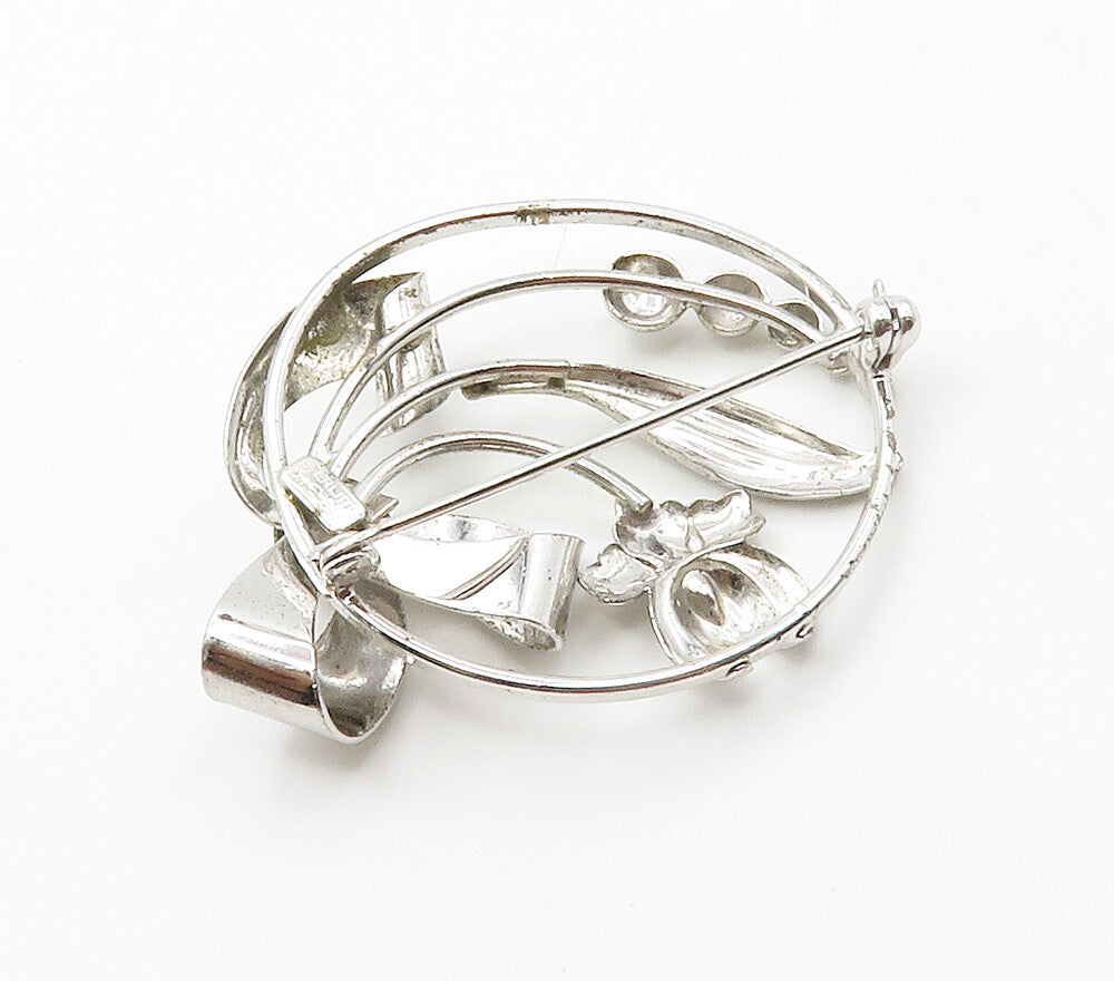 CARL ART 925 Sterling Silver  Shiny Shiny Floral Ribbon Brooch Pin  BP6078