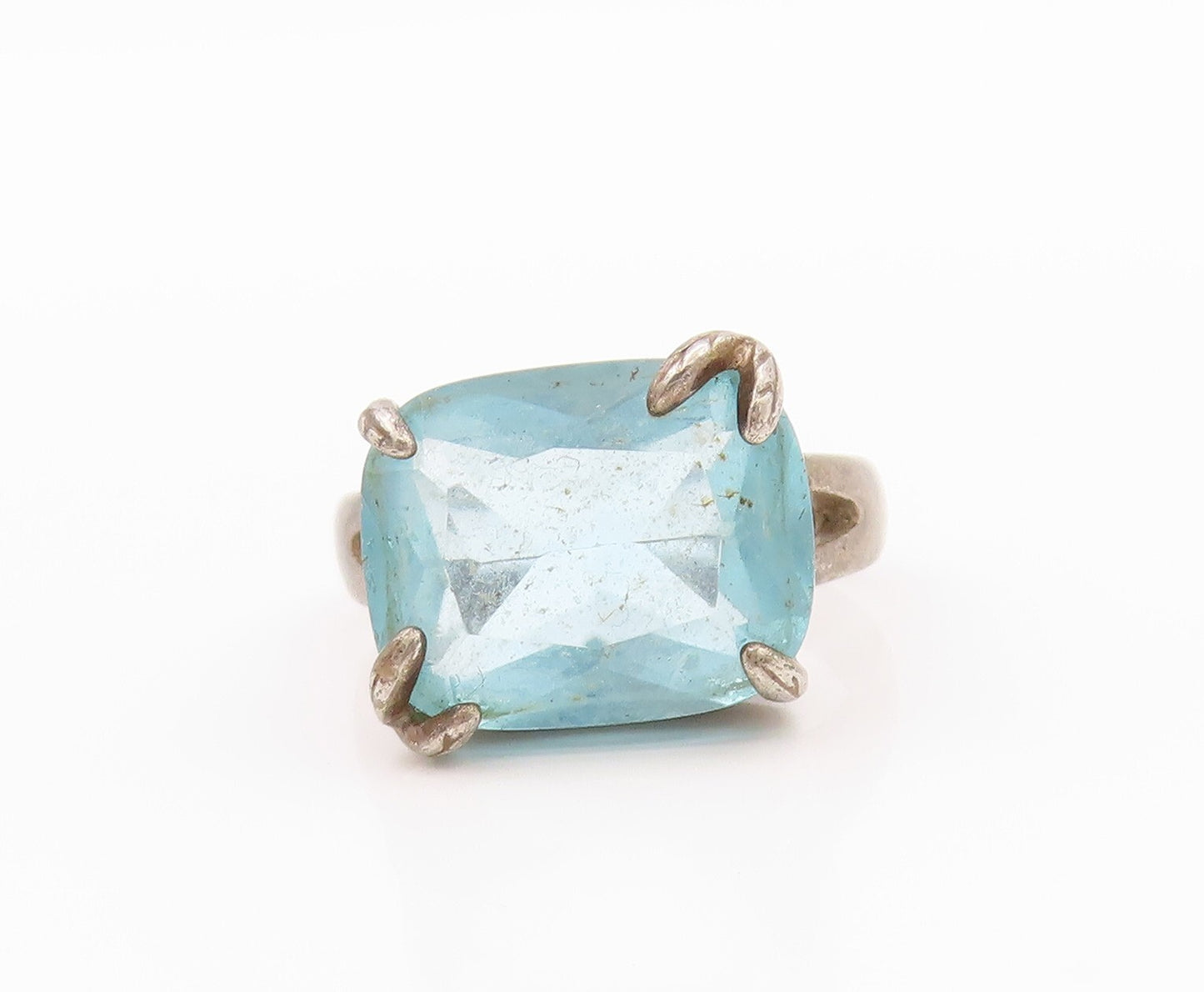 925 Sterling Silver Vintage Ring Rectangle Cut Blue Topaz  SZ 8  RG32179