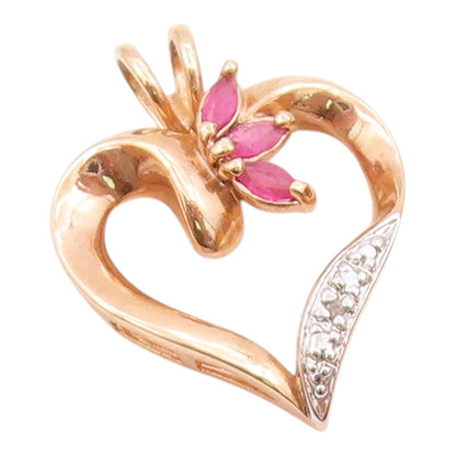925 Silver  Vintage Genuine Diamond & Ruby Open Love Heart Pendant  PT15686