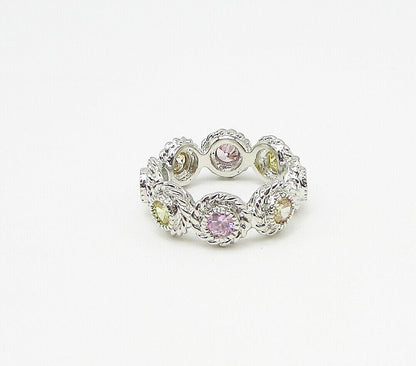 925 Sterling Silver Multi Colored Cubic Zirconia Floral Band Ring Sz 7 RG3520