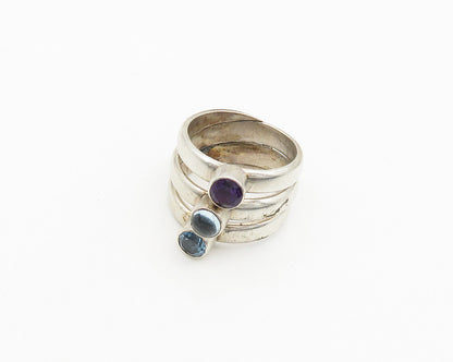 SAJEN 925 Silver  Vintage Smoky & Blue Topaz Split Band Ring Sz 7  RG19789