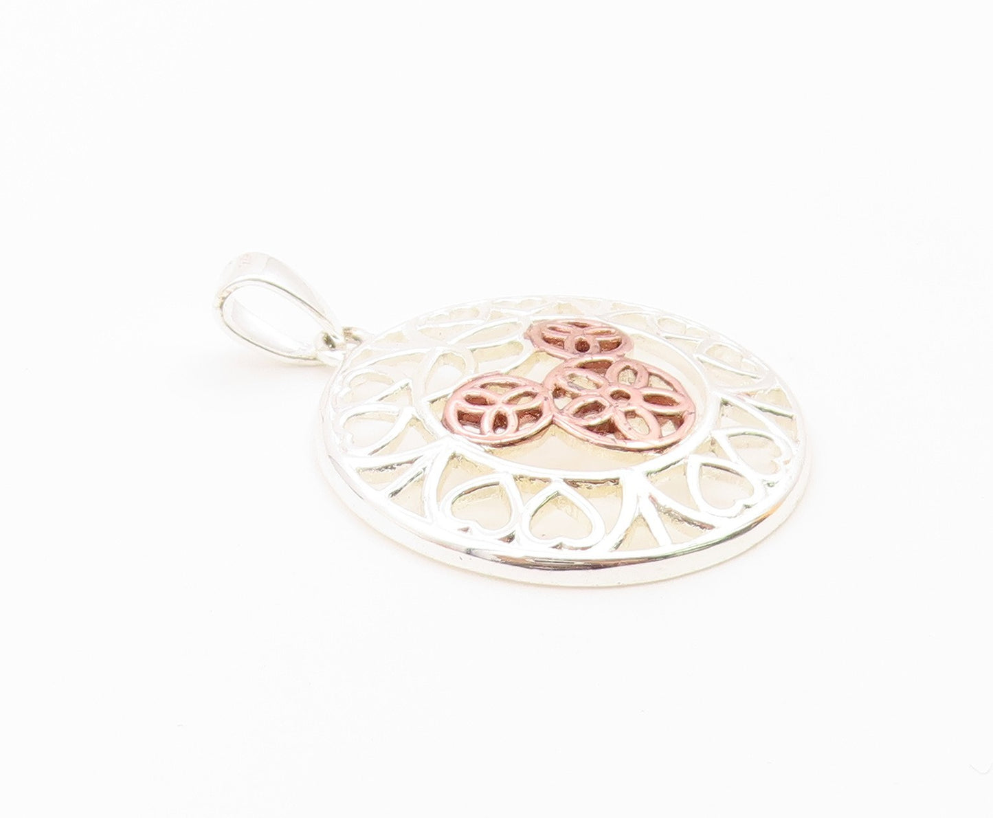 925 Silver   Vintage Two Tone Flower Peace & Love Heart Dome Pendant PT20601