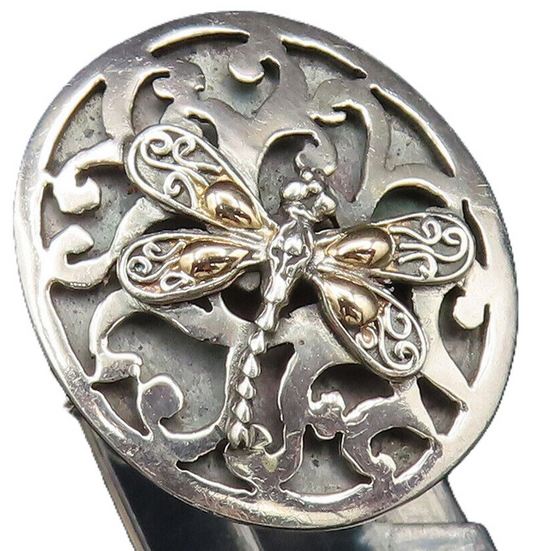 18K GOLD & 925 Silver  Vintage Open Swirl Frame & Dragonfly Ring Sz 7  RG26076