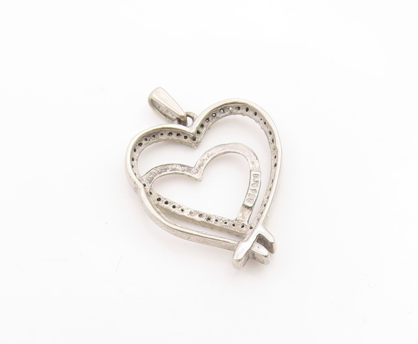 925 Sterling Silver Vintage Pendant Genuine Diamonds Double Love Heart  PT25906