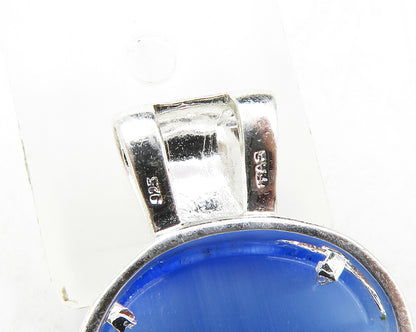 925 Sterling Silver Cabochon Cut Blue Cat's Eye Stone Drop Pendant PT10245