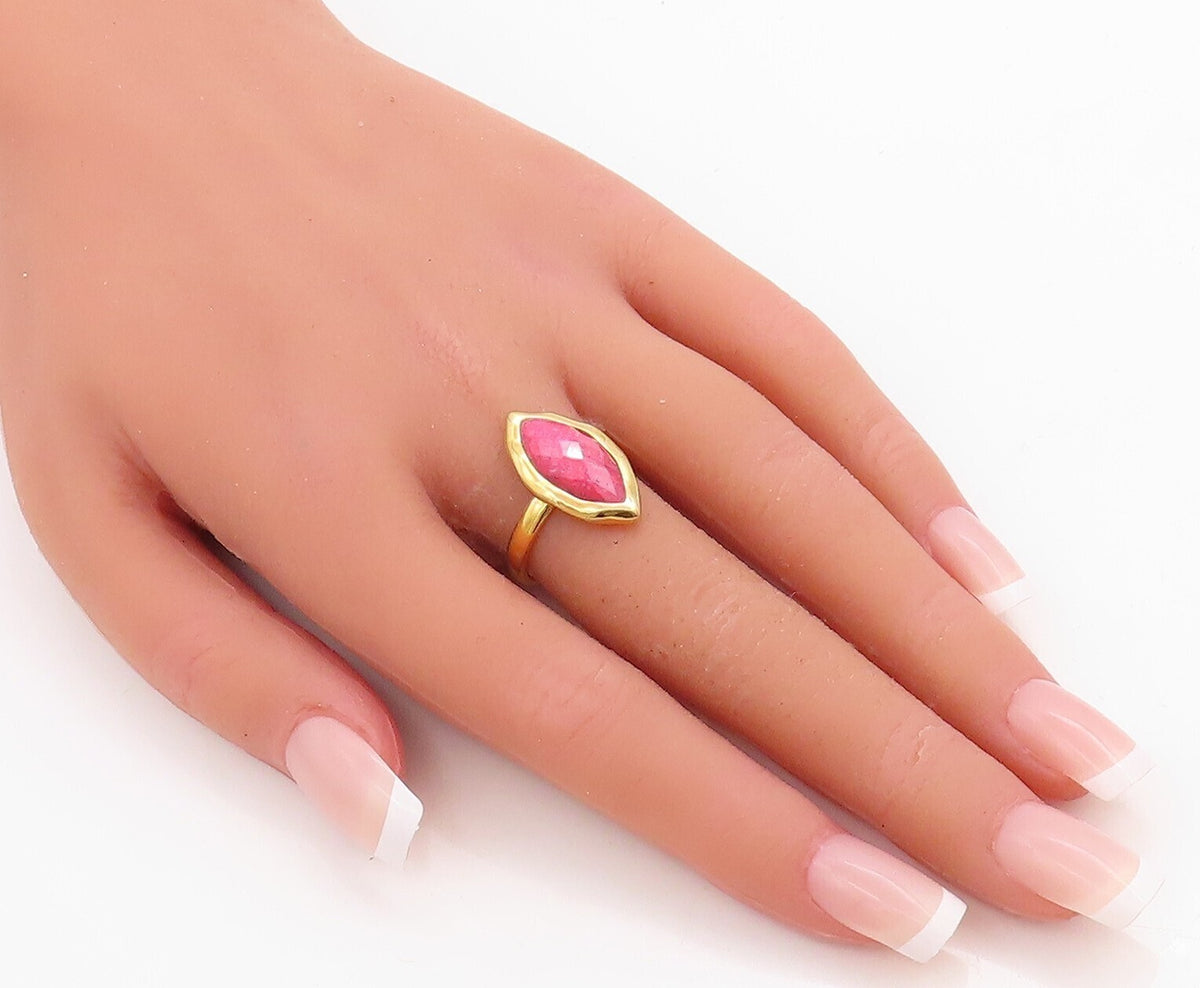 925 Sterling Silver Vintage Ring Gold Plated Marquise Pink Gemstone Sz 7 RG30540