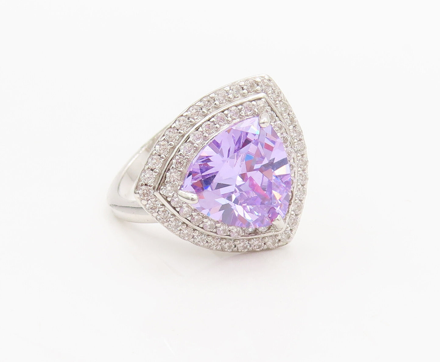 925 Sterling Silver  Vintage Amethyst Triangle Halo White CZ Ring Sz 7 RG26979