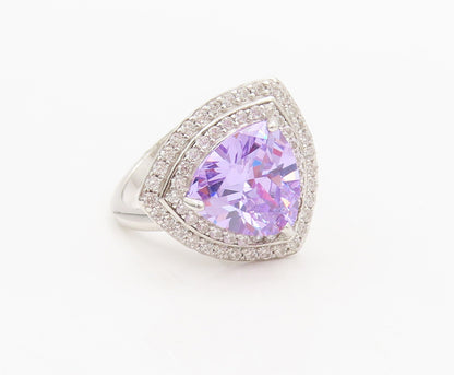925 Sterling Silver  Vintage Amethyst Triangle Halo White CZ Ring Sz 7 RG26979