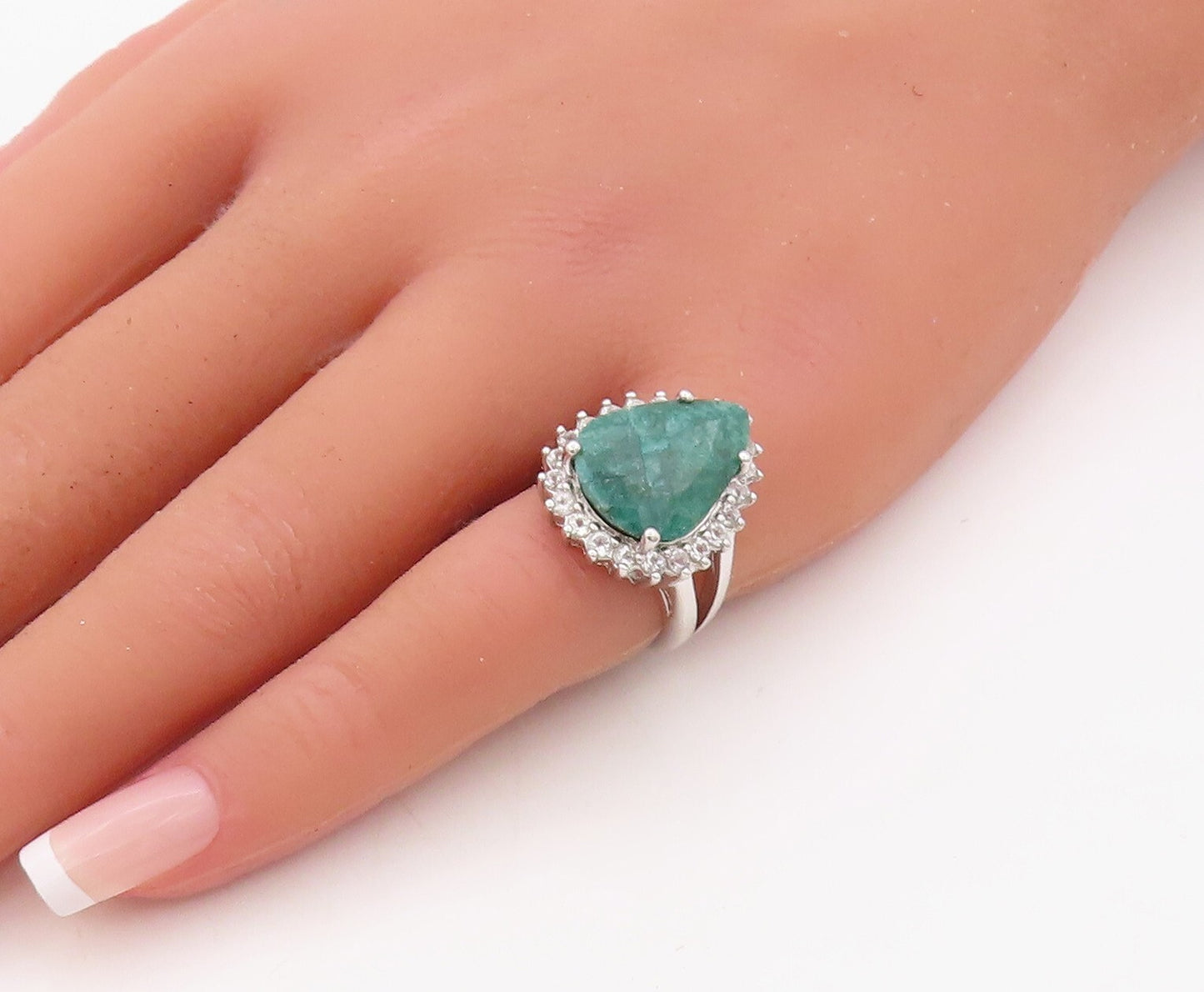 925 Sterling Silver Vintage Ring Drop Cut Green Gemstone & CZ  Sz 5  RG30564