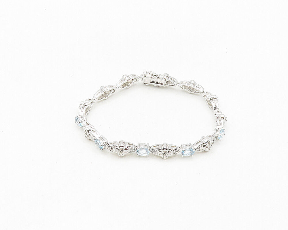 925 Sterling Silver  Shiny Genuine Diamond & Blue Topaz Chain Bracelet  BT7252