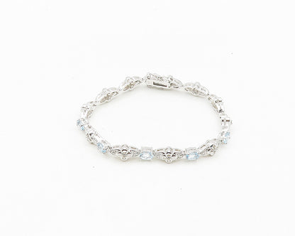 925 Sterling Silver  Shiny Genuine Diamond & Blue Topaz Chain Bracelet  BT7252
