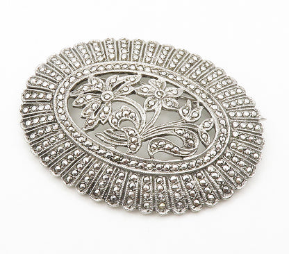 925 Sterling Silver  Vintage Sparkling Floral Motif Oval Brooch Pin  BP5794