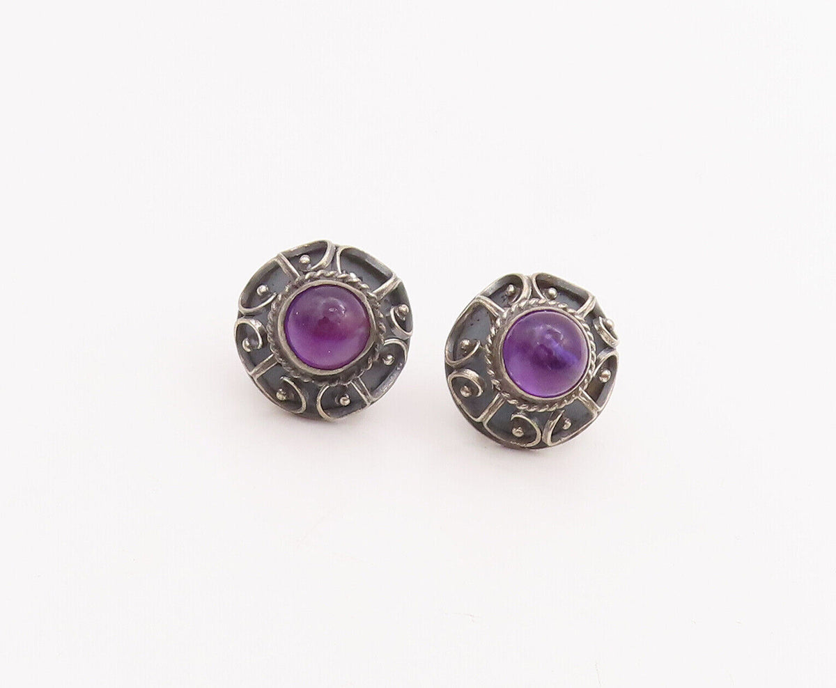 925 Sterling Silver Vintage Earrings MEXICO Swirl Carved Amethyst Flower EG13073