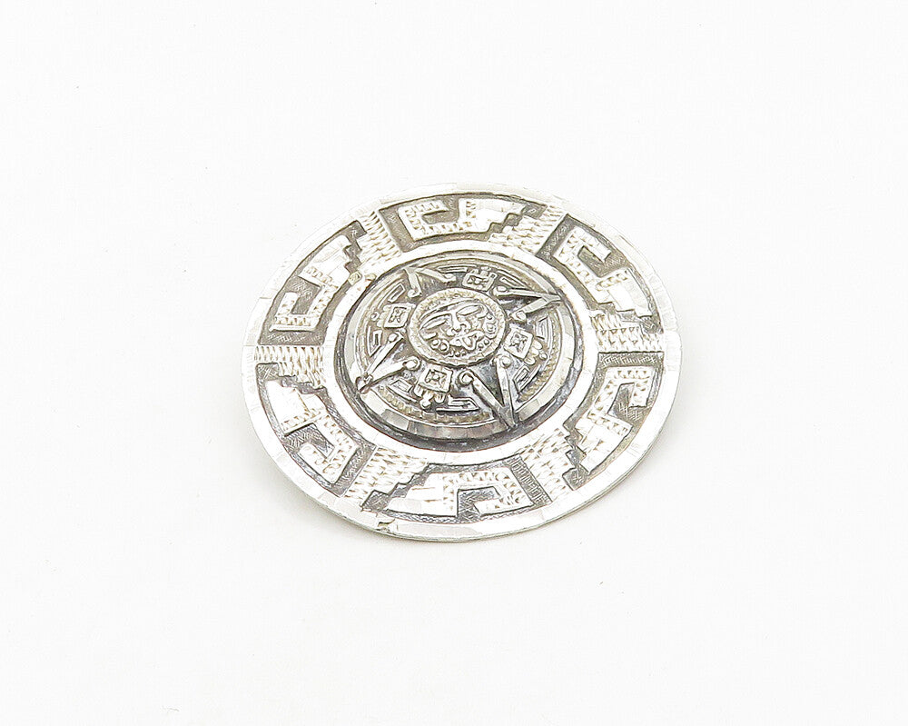 MEXICO 925 Silver  Vintage Shiny Mayan Aztec Sun Calendar Brooch Pin  BP7558