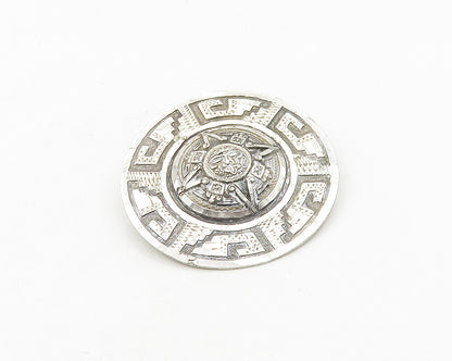 MEXICO 925 Silver  Vintage Shiny Mayan Aztec Sun Calendar Brooch Pin  BP7558