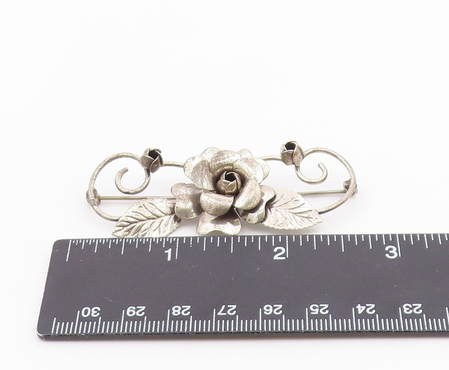 LANG 925 Sterling Silver Vintage Rose Flower Swirl Vine Motif Brooch Pin BP3873