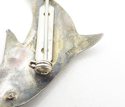 925 Sterling Silver  Vintage Oxidized Leaping Dolphin Motif Brooch Pin  BP3075