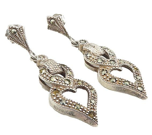 925 Sterling Silver  Vintage Marcasite Love Heart Dangle Earrings  EG4560