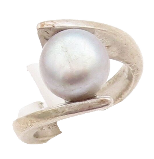 925 Sterling Silver Vintage Ring Designer Grey Pearl Bypass Design  Sz 6 RG29111