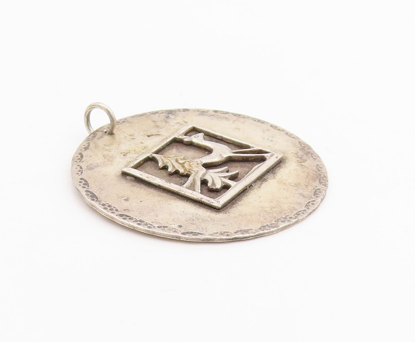 925 Sterling Silver Vintage Pendant Carved Reindeer & Pine Tree Medal  PT25474
