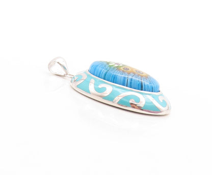 925 Sterling Silver Vintage Pendant Oval Enameled Chinese Floral Design PT23757
