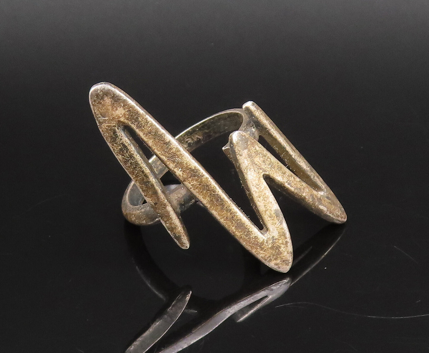 MEXICO 925 Silver  Vintage Modernist Zig Zag Full Finger Ring Sz 9.5  RG26006