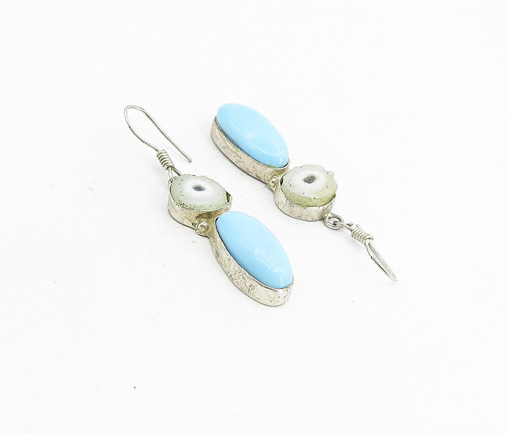 925 Sterling Silver   Vintage Cabochon Cut Agate Slice Drop Earrings  EG4384