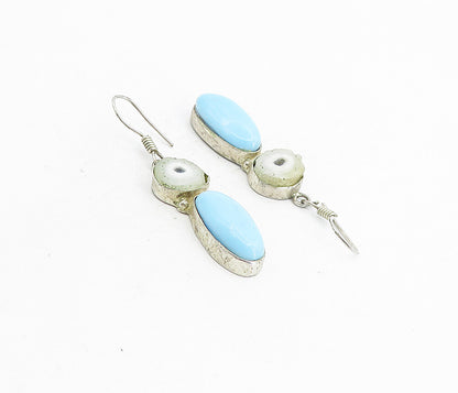 925 Sterling Silver   Vintage Cabochon Cut Agate Slice Drop Earrings  EG4384
