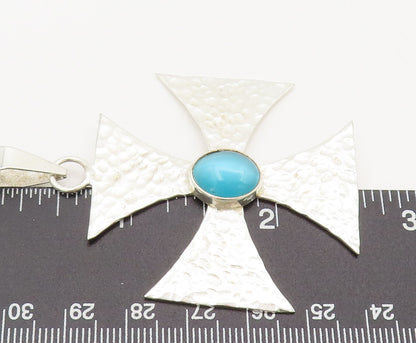 925 Sterling Silver  Vintage Dented Fan Cut Blue Cat's Eye Pendant  PT22271