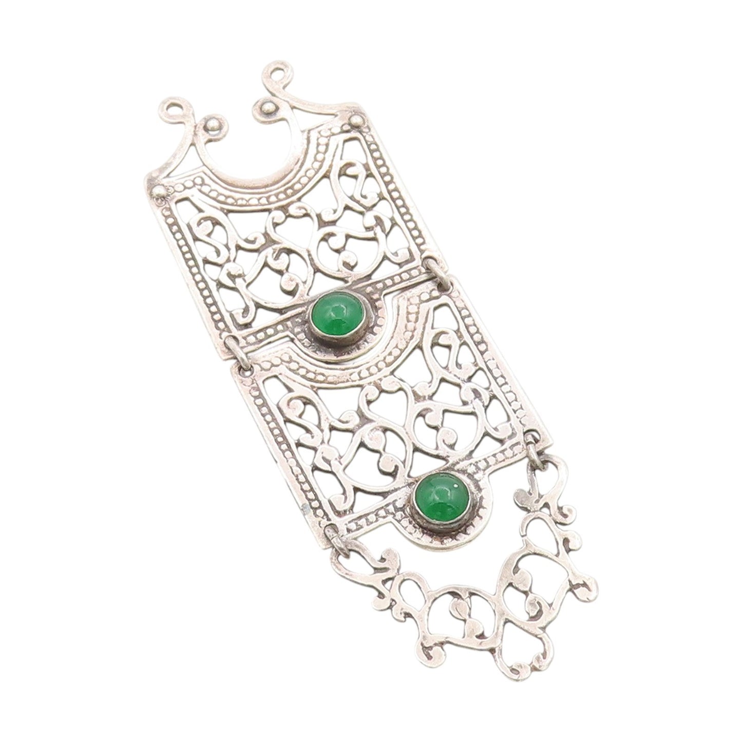 925 Sterling Silver Vintage Pendant Green Gemstone Long Floral Cut Out  PT25049