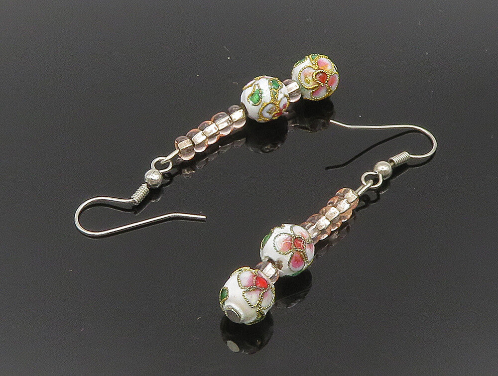 925 Sterling Silver  Vintage Floral Sphere & Beads Dangle Earrings  EG11583