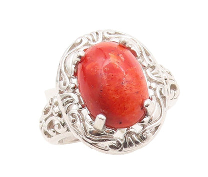 925 Sterling Silver Vintage Ring Swirly Carved Cabochon Gemstone Sz 9  RG31025