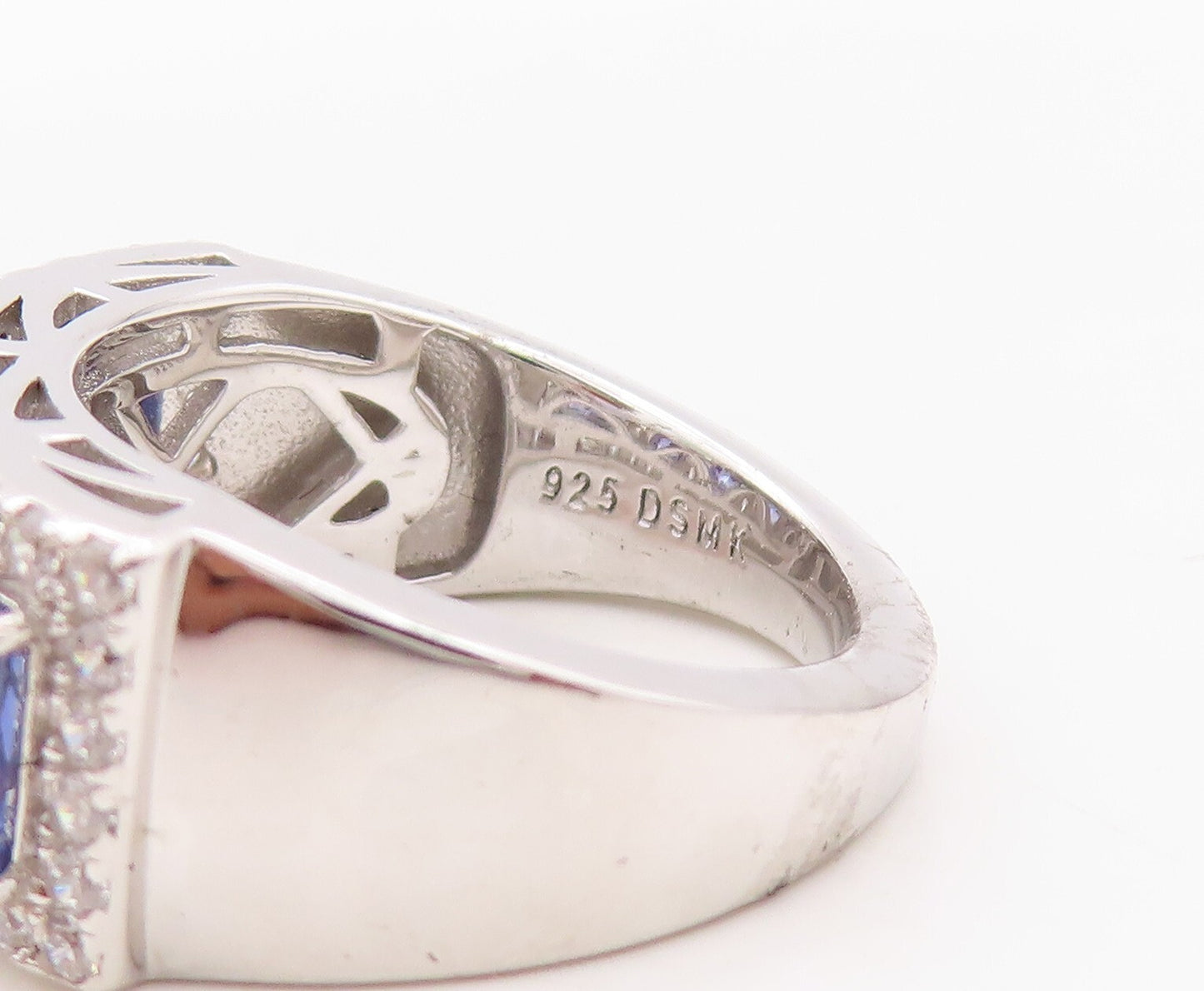 925 Sterling Silver Vintage Ring Rectangle Cut Blue & White CZ Band Sz 7 RG29987