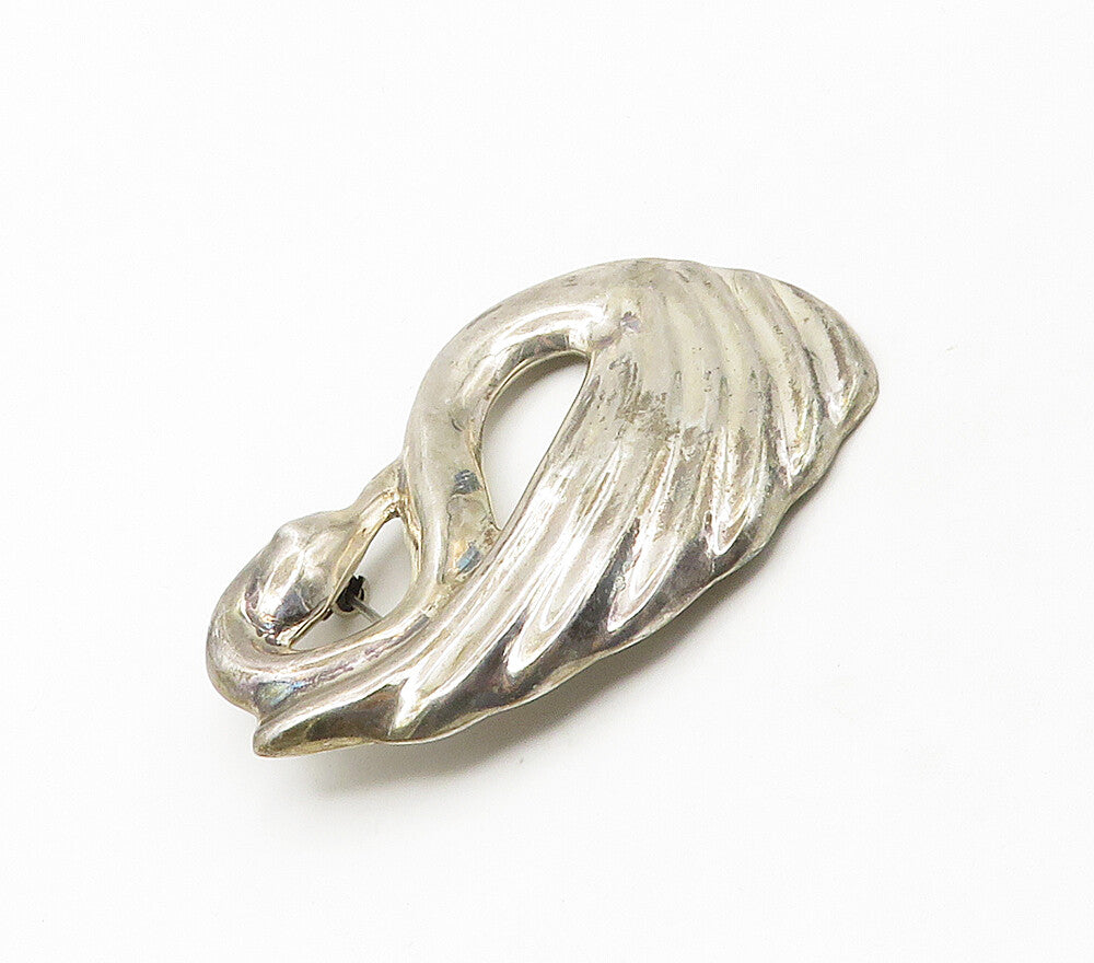 MEXICO 925 Sterling Silver  Vintage Shiny Hollow Swan Motif Brooch Pin  BP6597