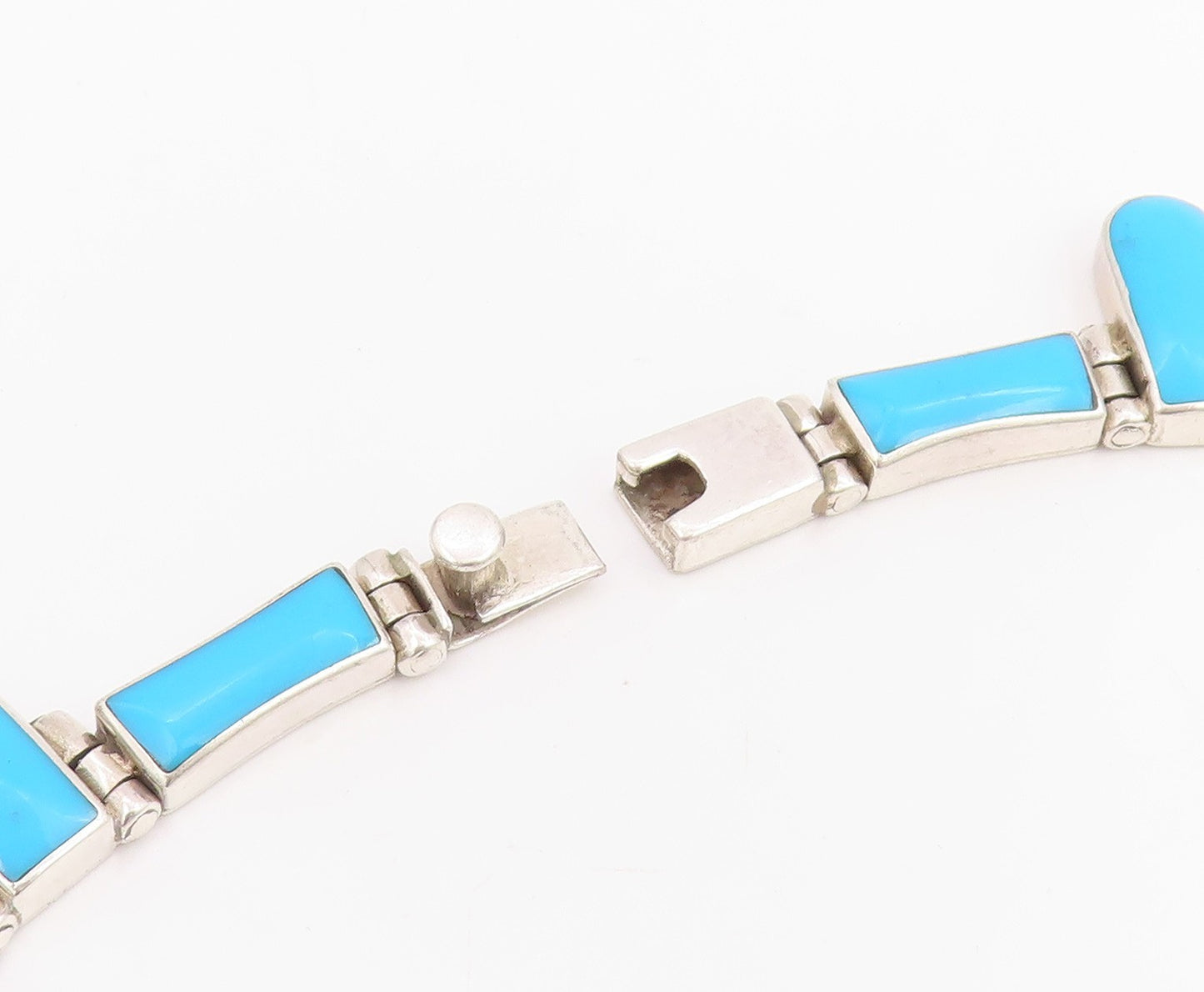 925 Sterling Silver Vintage Necklace MEXICO Turquoise Inlay Panel Choker  NE4787