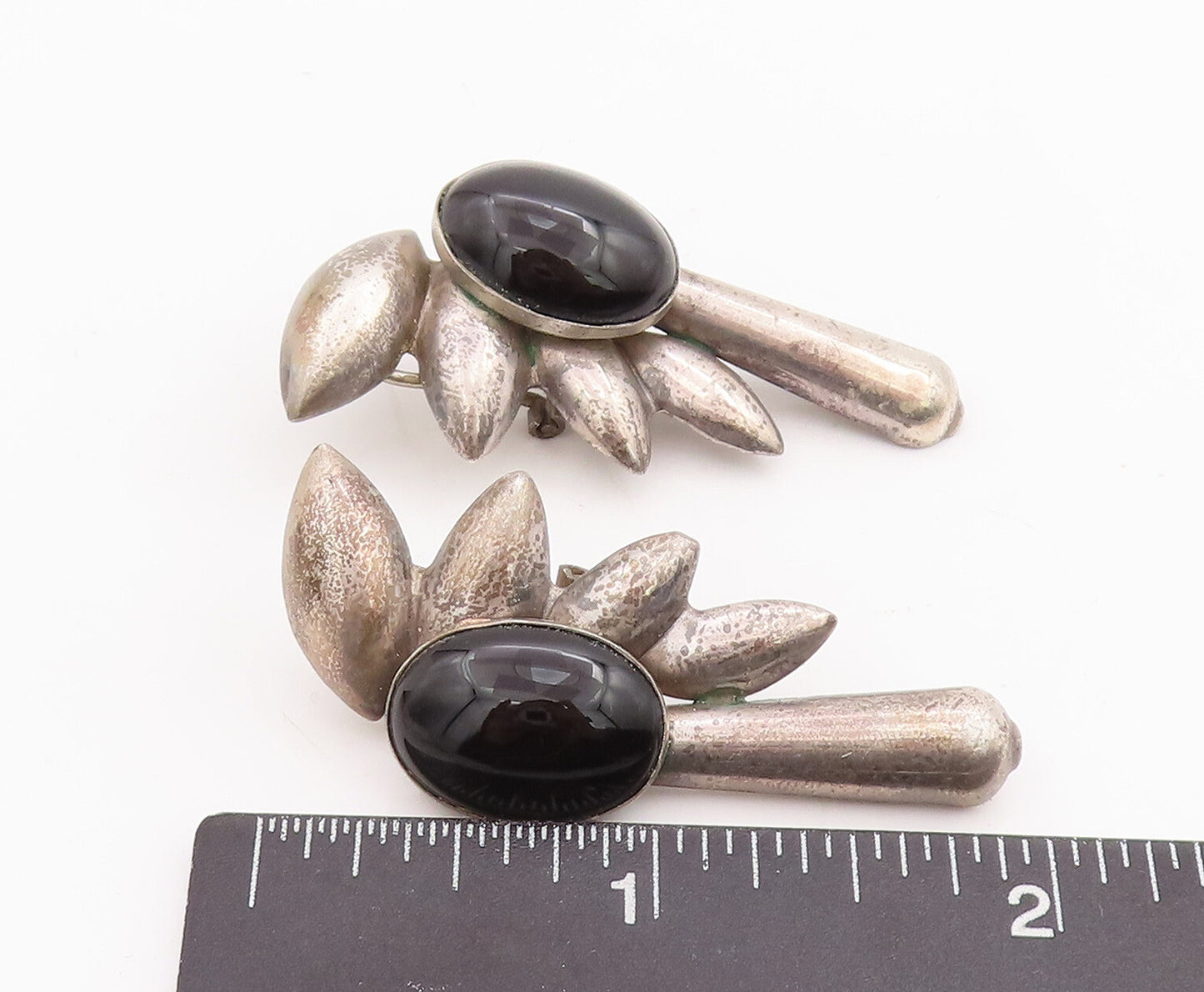 14k Gold 925 Sterling Silver Vintage Earrings Antique Trible Carved Onyx EG13069