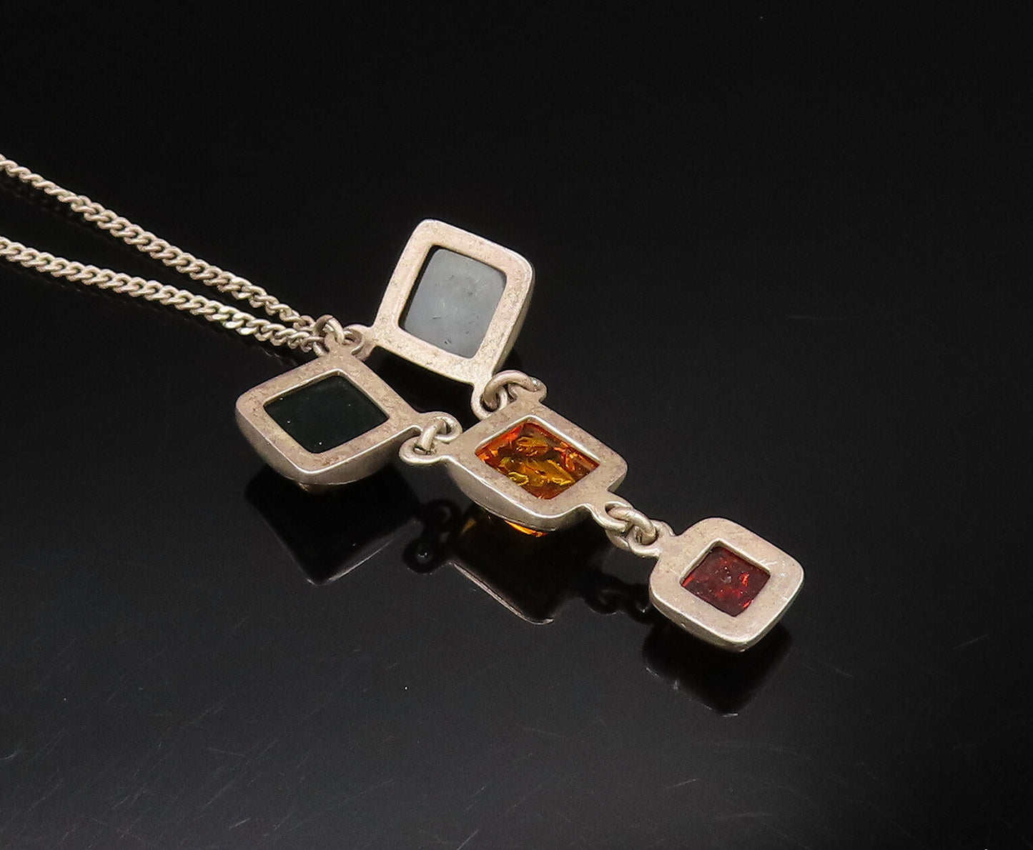 925 Sterling Silver  Vintage Cabochon Square Amber Y Drop Necklace  NE3953