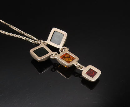 925 Sterling Silver  Vintage Cabochon Square Amber Y Drop Necklace  NE3953