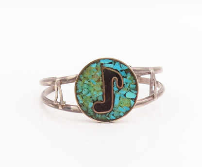 925 Sterling Silver Vintage Bracelet Round Crushed Turquoise Inlay   BT10662