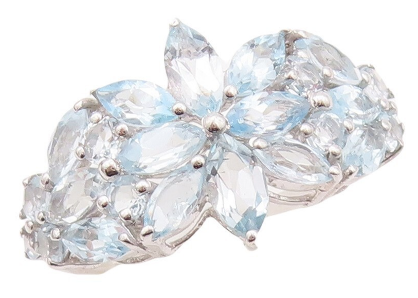 925 Sterling Silver Vintage Ring Blue Topaz Floral Inlay Sz 7  RG29980